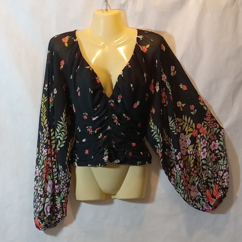 Free People Womens Small Top Final Rose Black Floral Blouse Sheer Balloon Sleeve